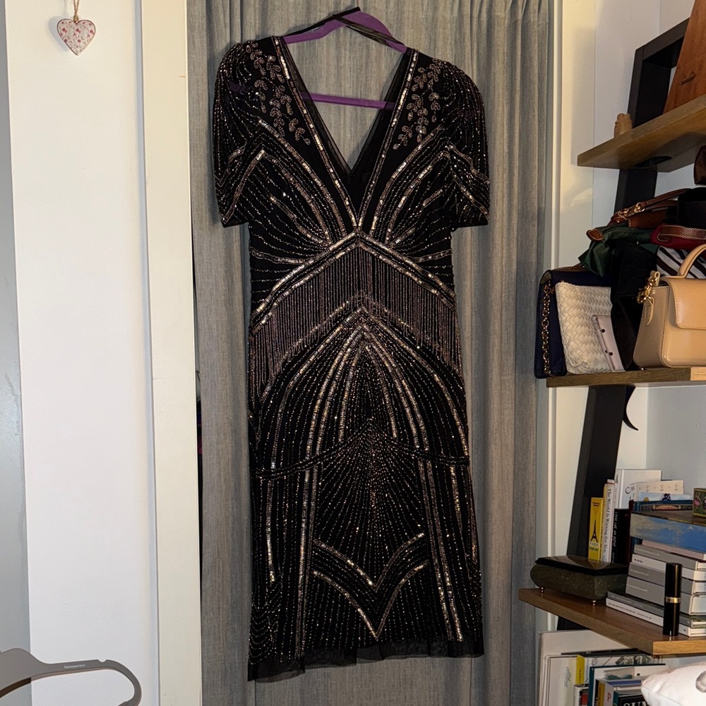 Adriana Papell Elegant Black Beaded and Fringe Dress